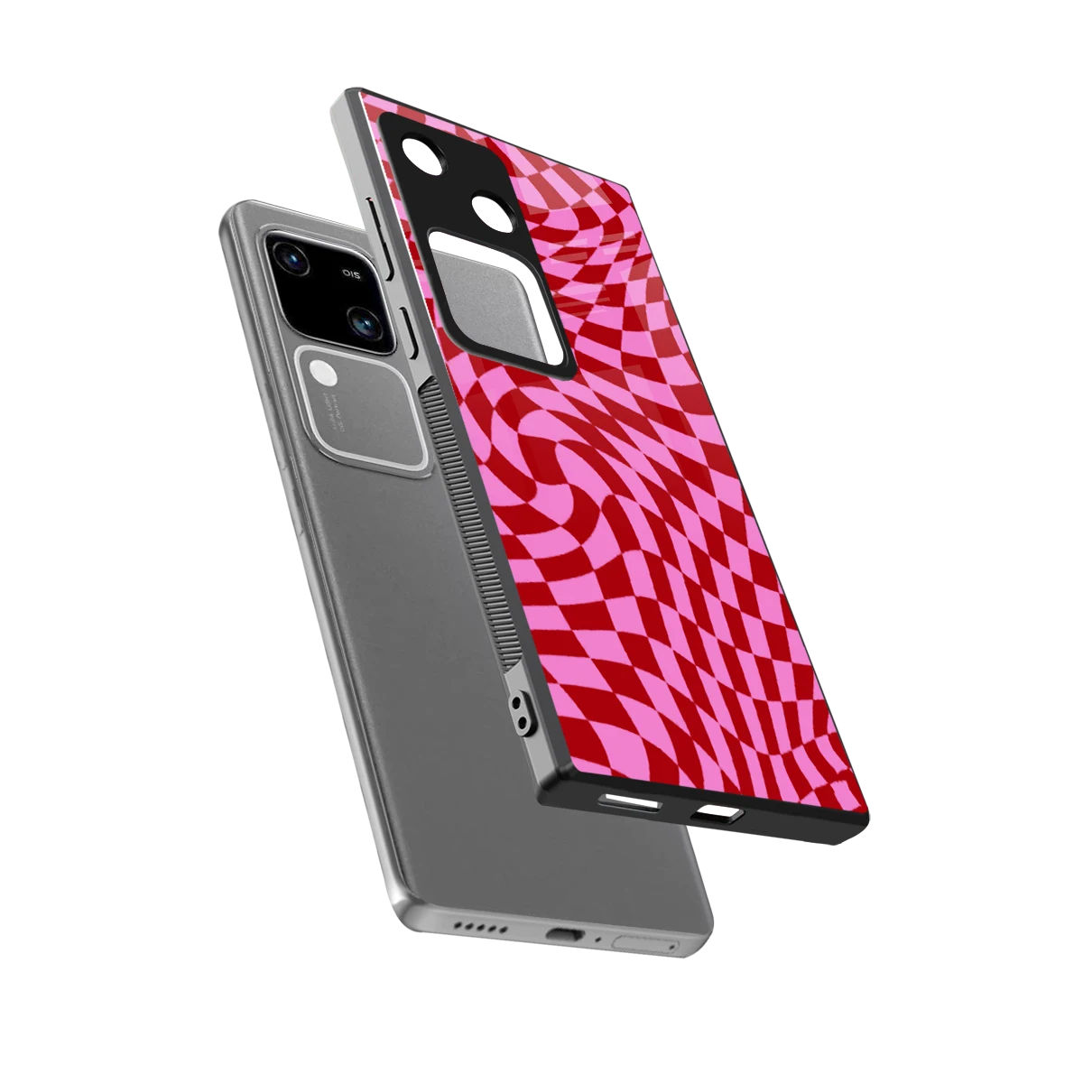 Trippy Pink Checkers sleek vivo v30 cover with tempered glass back and TPU edges