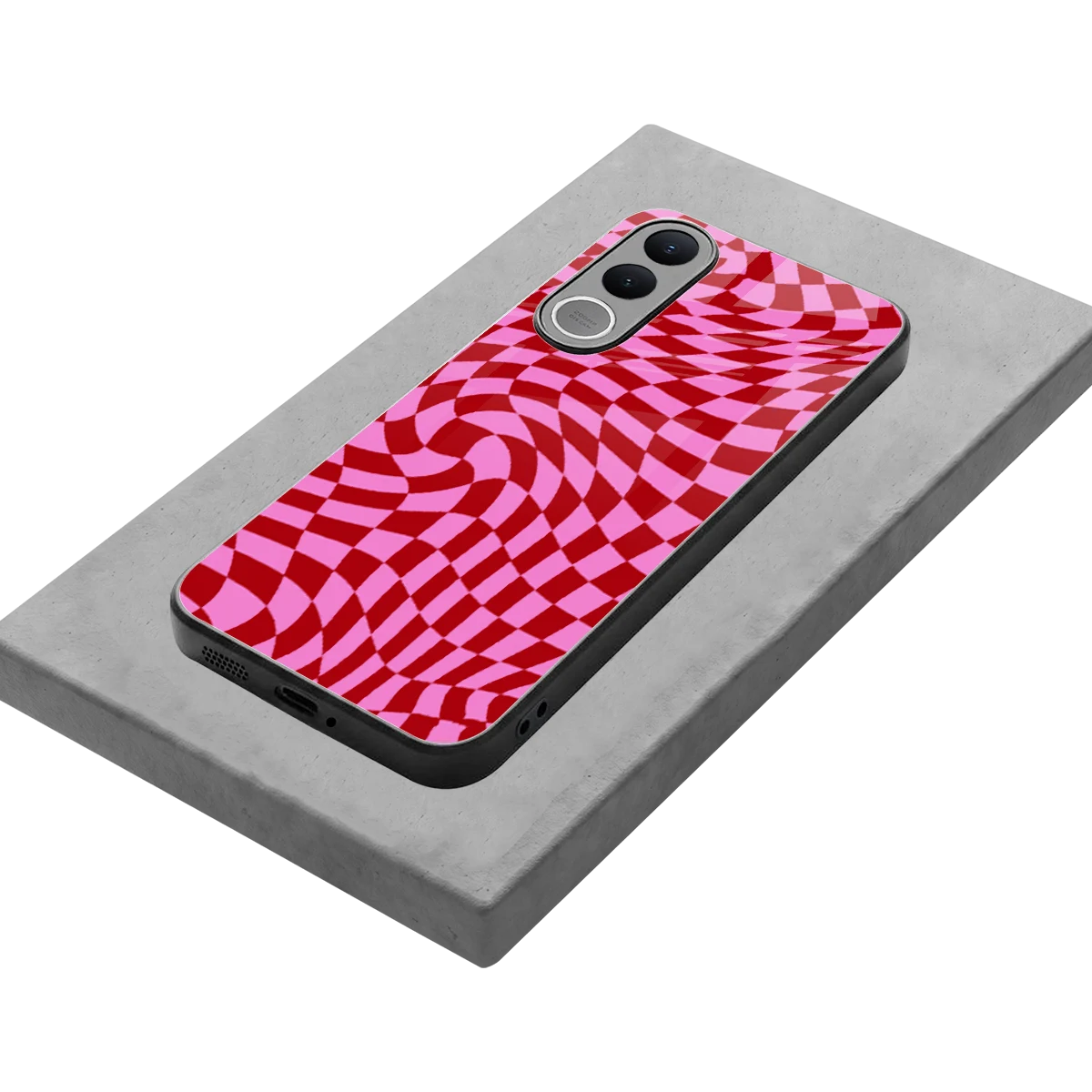 Trippy Pink Checkers stylish phone case for vivo v70 fe | glossy glass and slim fit