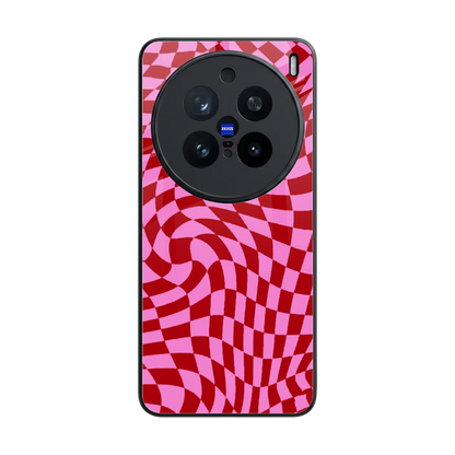 Trippy Pink Checkers back phone cover | glass case for vivo x200 pro