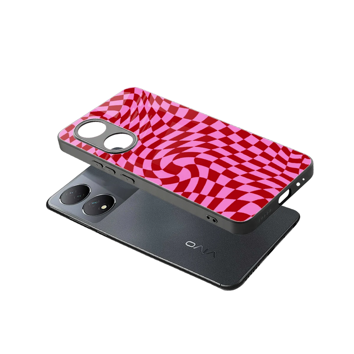 Trippy Pink Checkers sleek Vivo-y100 cover with tempered glass back and TPU edges