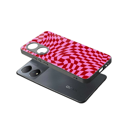 Trippy Pink Checkers sleek Vivo-y100 cover with tempered glass back and TPU edges
