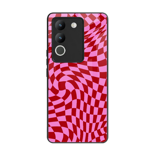 Trippy Pink Checkers back phone cover | glass case for vivo y200 5g