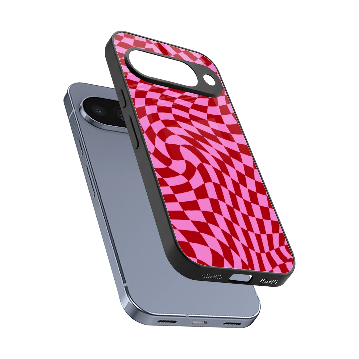 Trippy Pink Checkers sleek google pixel 10 cover with tempered glass back and TPU edges