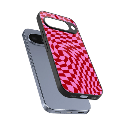 Trippy Pink Checkers sleek google pixel 10 cover with tempered glass back and TPU edges