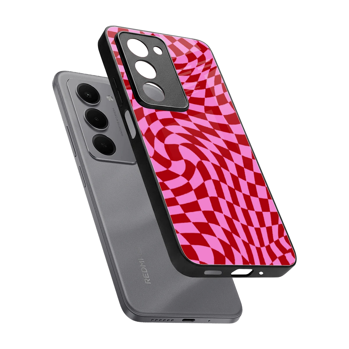 Trippy Pink Checkers sleek redmi 15 5g cover with tempered glass back and TPU edges