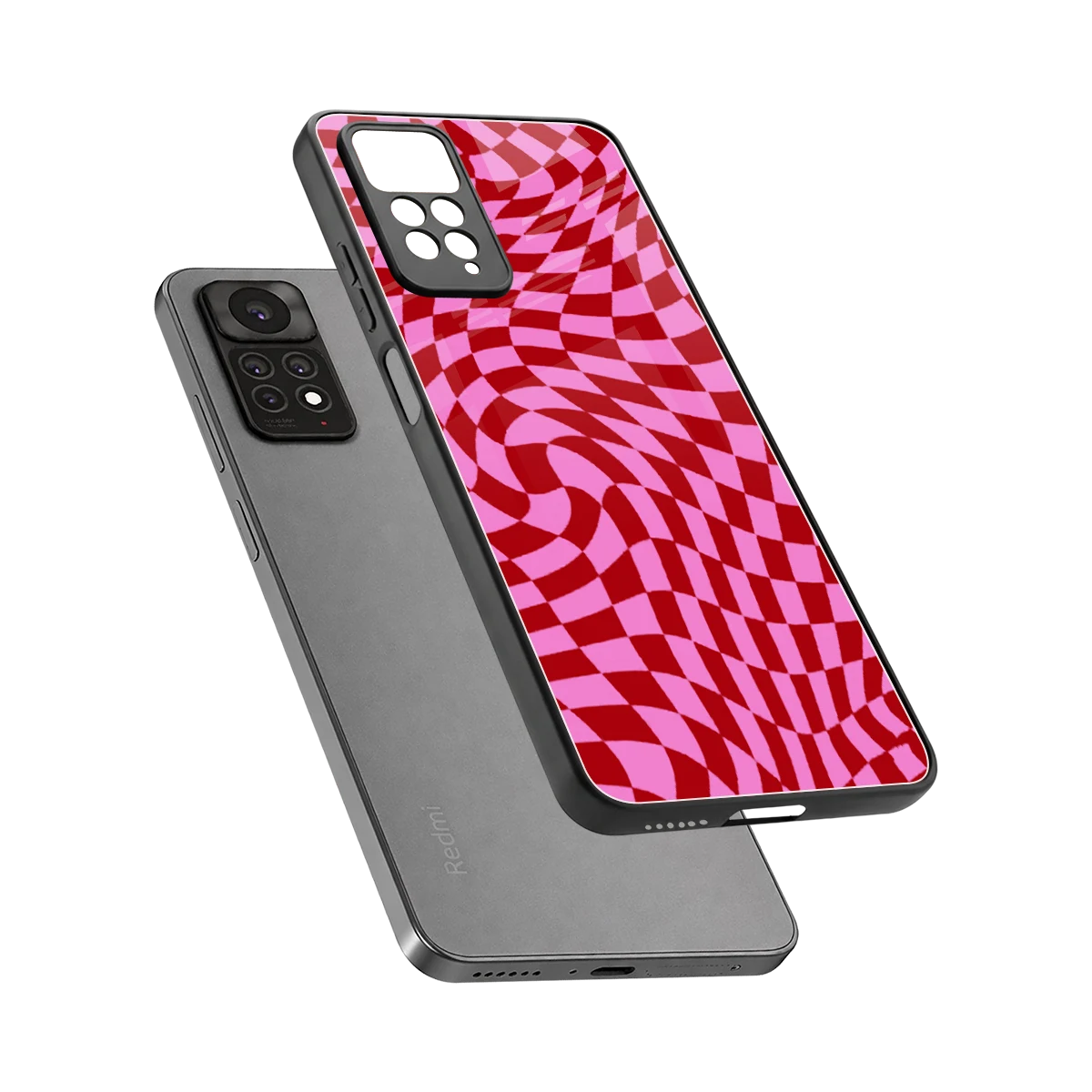 Trippy Pink Checkers sleek redmi note 11 pro cover with tempered glass back and TPU edges