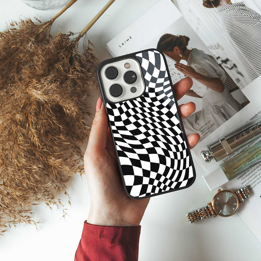 Trippy BW Checkers Phone Case for Iphone 13 | Glass Case
