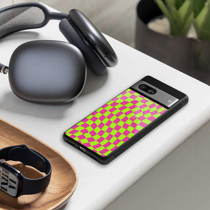 Trippy Green Pink Checkers Phone Case for Iphone 16 | Glass Case