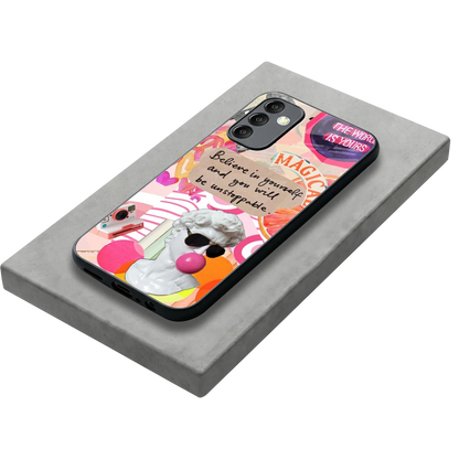 Unstoppable stylish phone case for samsung galaxy m14 5g | glossy glass and slim fit