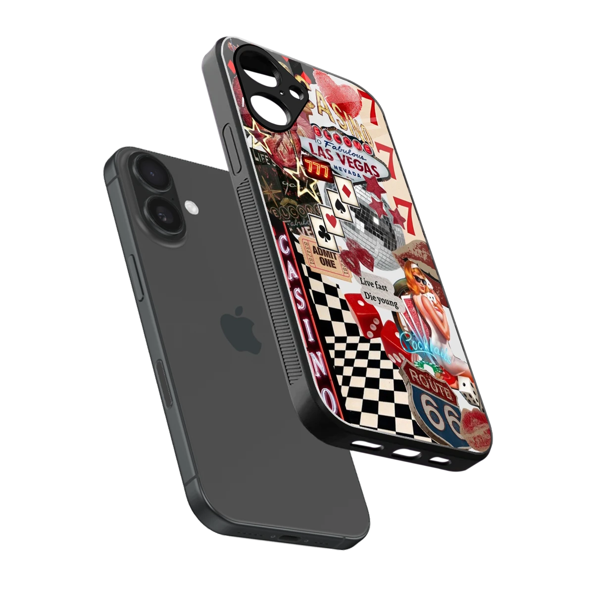 Vegas Vibes sleek iPhone 16 cover with tempered glass back and TPU edges