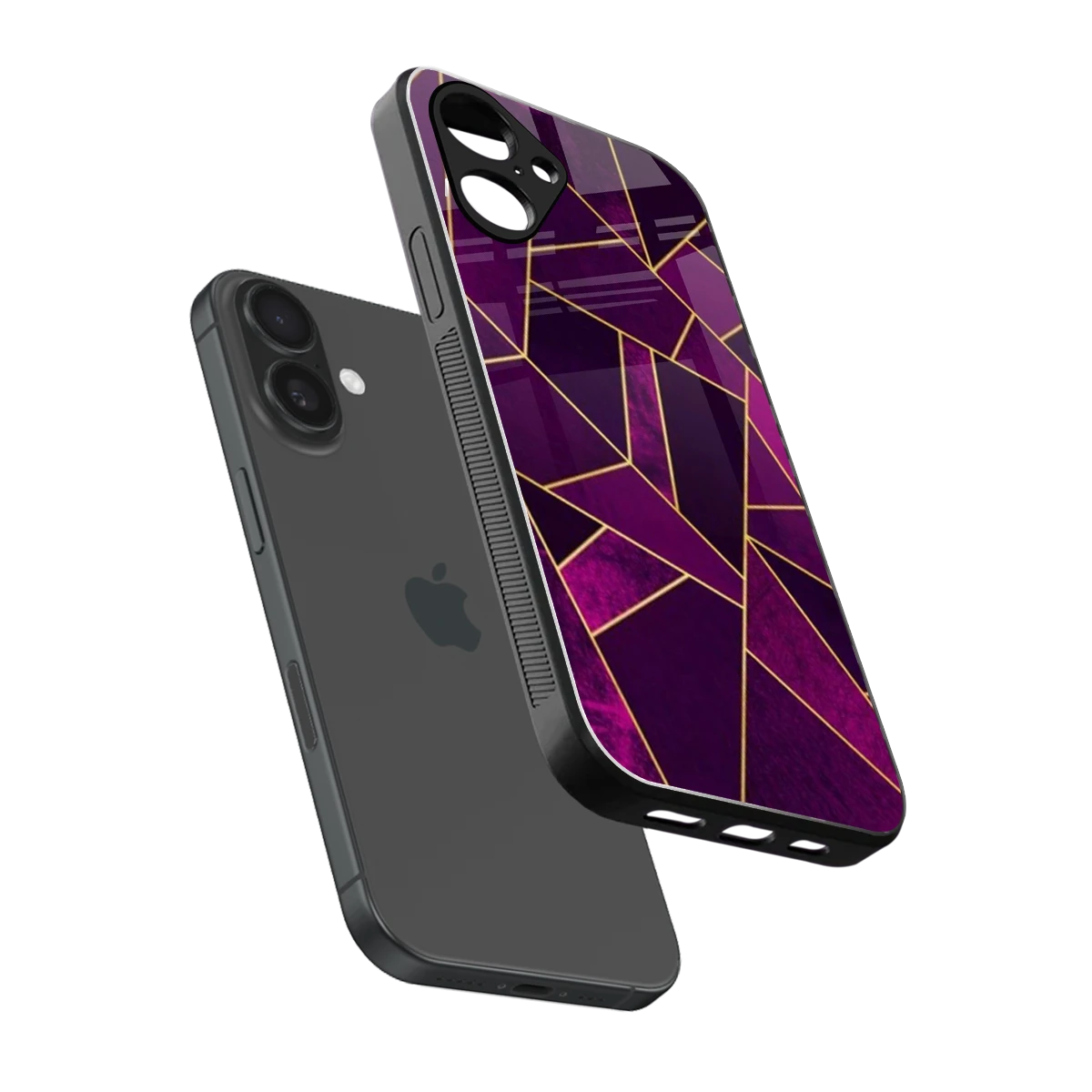 Violet Shards sleek iPhone 16 cover with tempered glass back and TPU edges