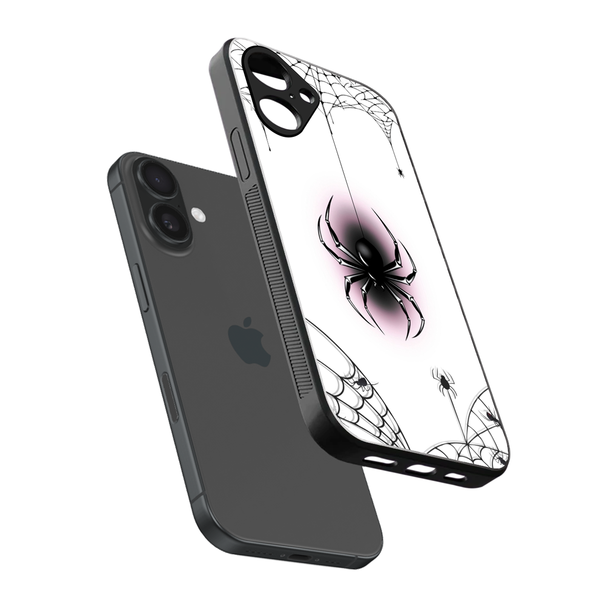Webbed Wonder sleek iPhone 16 cover with tempered glass back and TPU edges