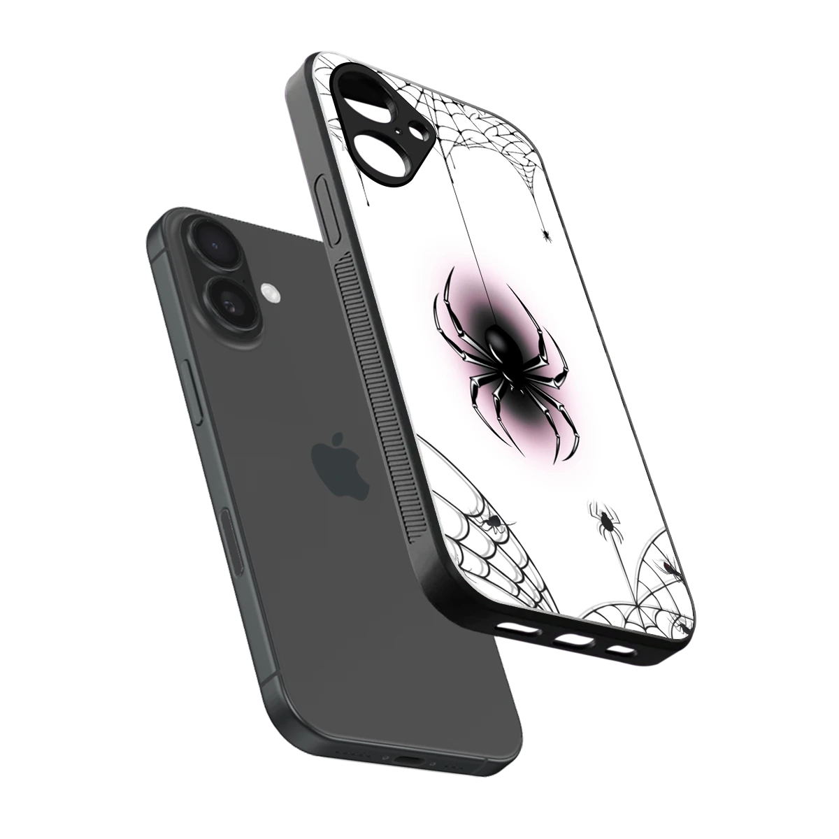 Webbed Wonder sleek iPhone 16 cover with tempered glass back and TPU edges