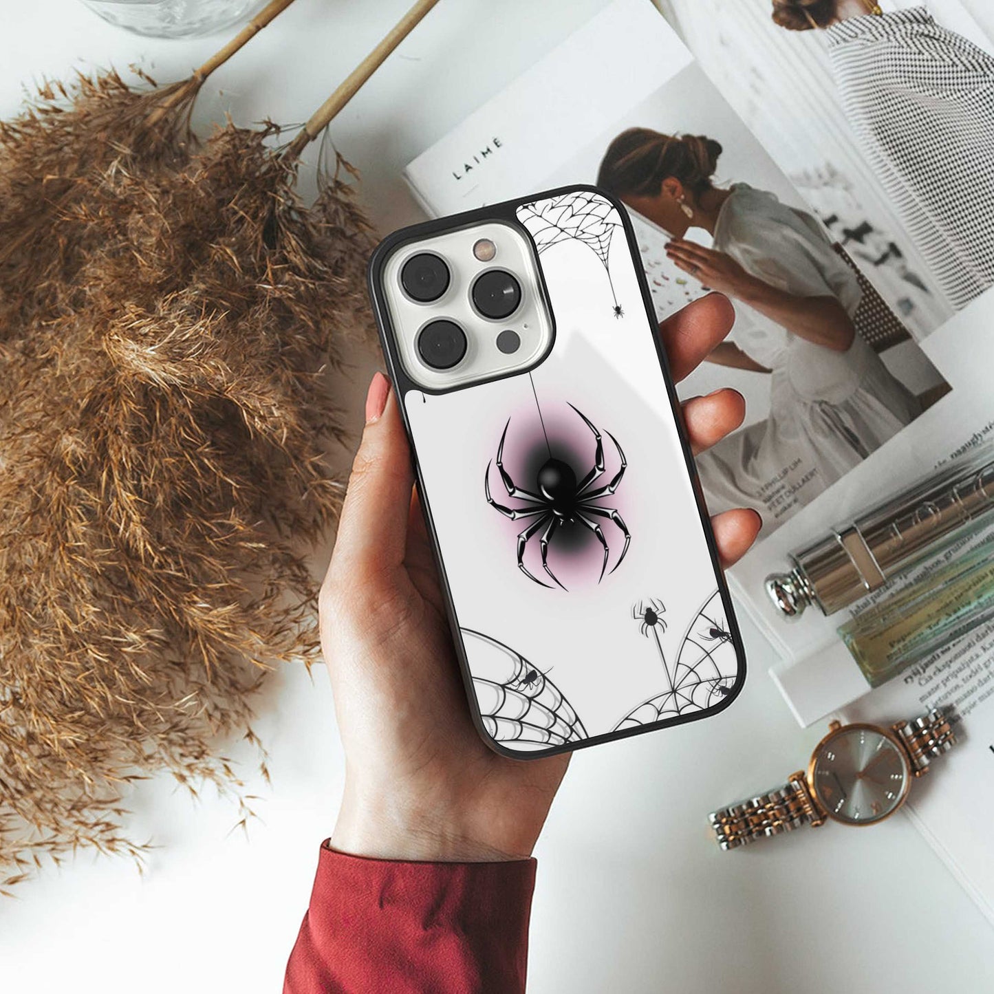 Webbed Wonder luxury glass phone case for iPhone 16 | scratch and drop resistant