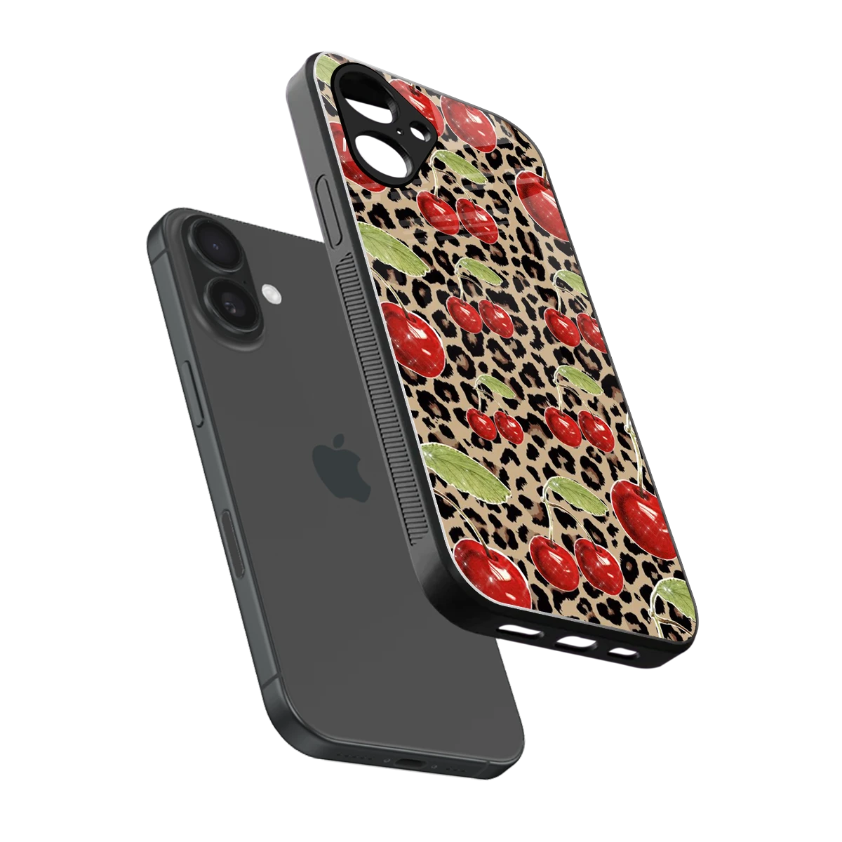 Wild Cherries sleek iPhone 16 cover with tempered glass back and TPU edges