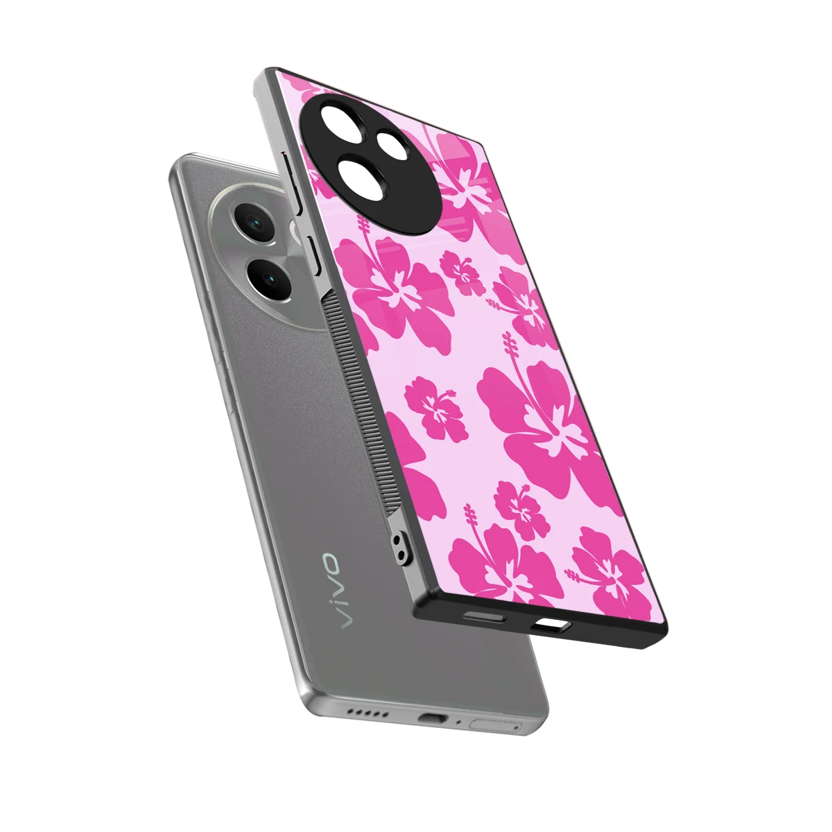 Wildflower Pink sleek vivo v30e cover with tempered glass back and TPU edges
