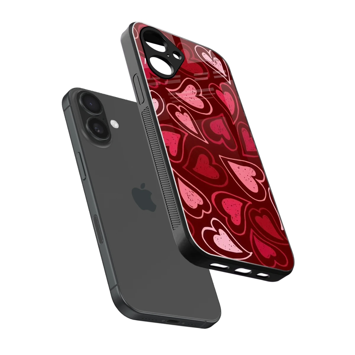 Wine Cascade Hearts sleek iPhone 16 cover with tempered glass back and TPU edges