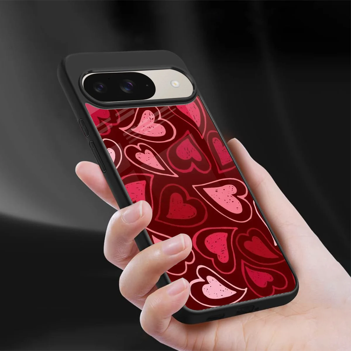 Wine Cascade Hearts sleek google pixel 9 cover with tempered glass back and TPU edges