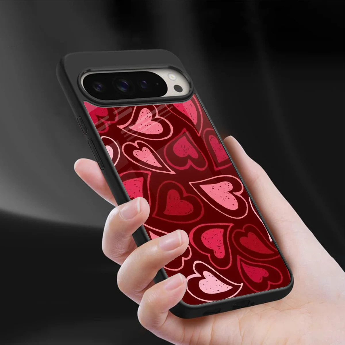 Wine Cascade Hearts sleek google pixel 9 pro cover with tempered glass back and TPU edges