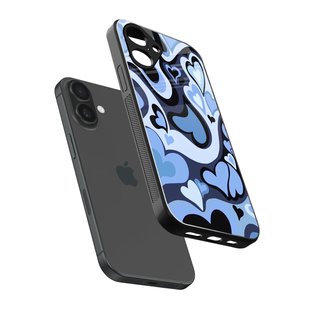 Y2K Blue Meltdown Hearts sleek iPhone 16 cover with tempered glass back and TPU edges