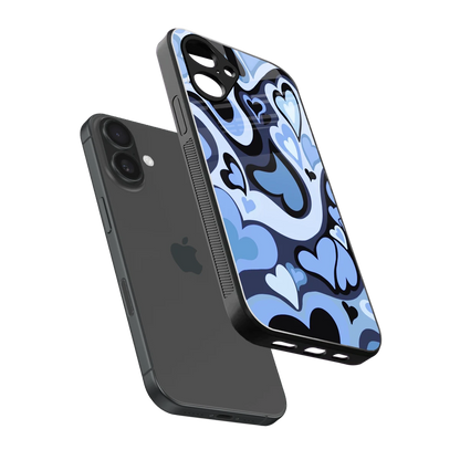 Y2K Blue Meltdown Hearts sleek iPhone 16 cover with tempered glass back and TPU edges