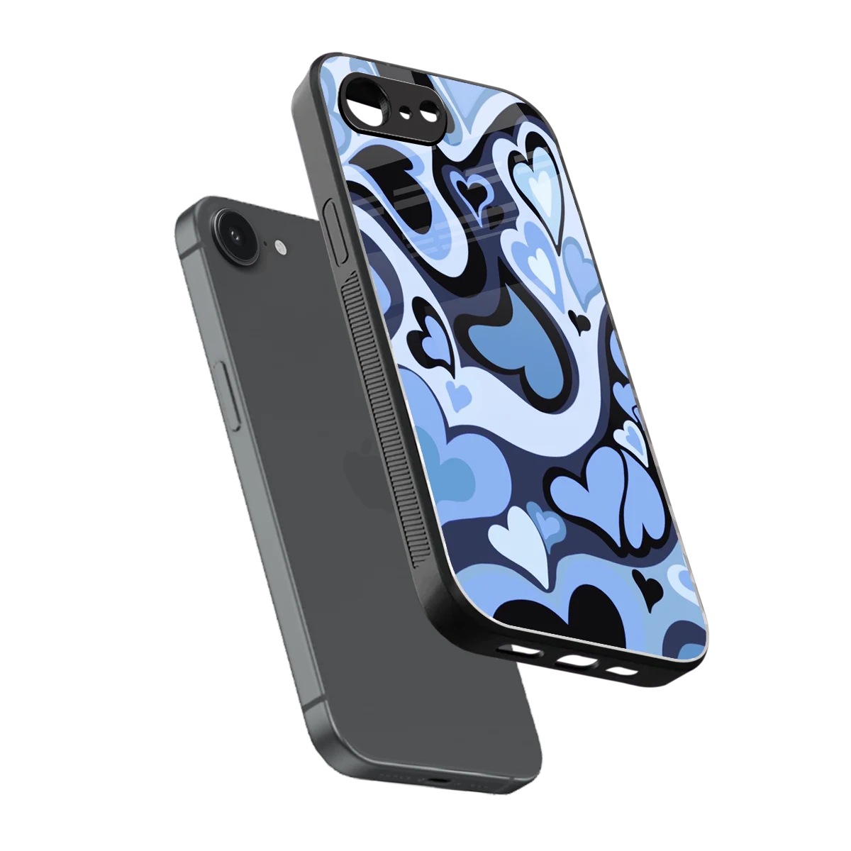 Y2K Blue Meltdown Hearts sleek iphone 17e cover with tempered glass back and TPU edges