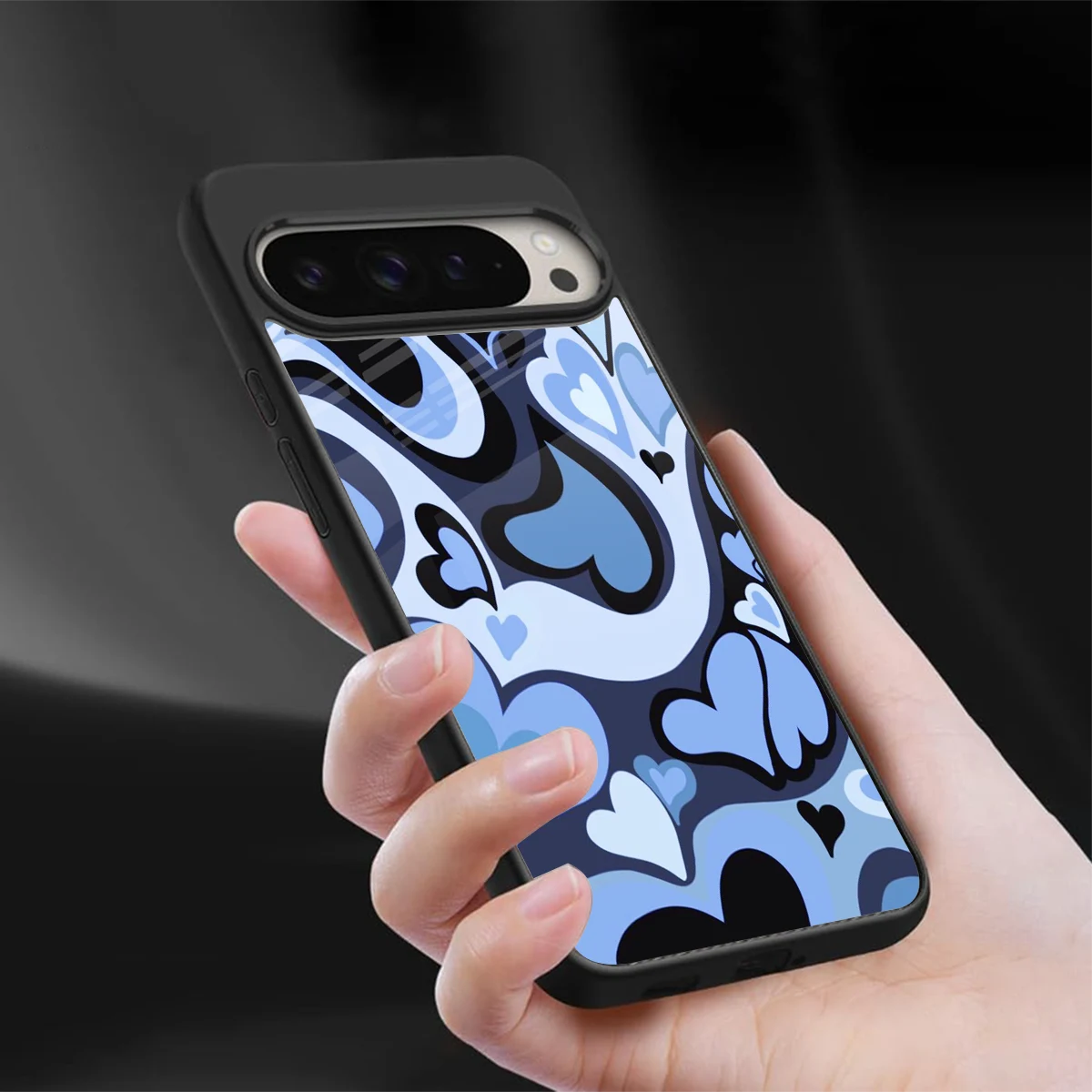 Y2K Blue Meltdown Hearts sleek google pixel 9 pro xl cover with tempered glass back and TPU edges