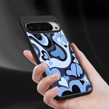Y2K Blue Meltdown Hearts sleek google pixel 9 pro xl cover with tempered glass back and TPU edges