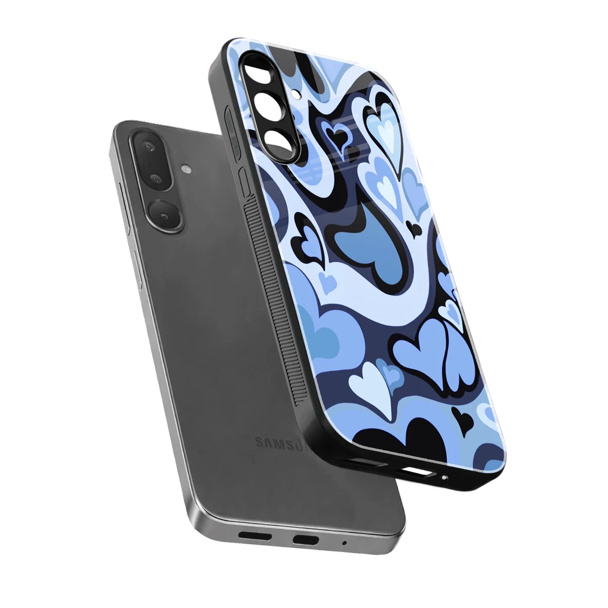 Y2K Blue Meltdown Hearts sleek samsung galaxy m36 5g cover with tempered glass back and TPU edges