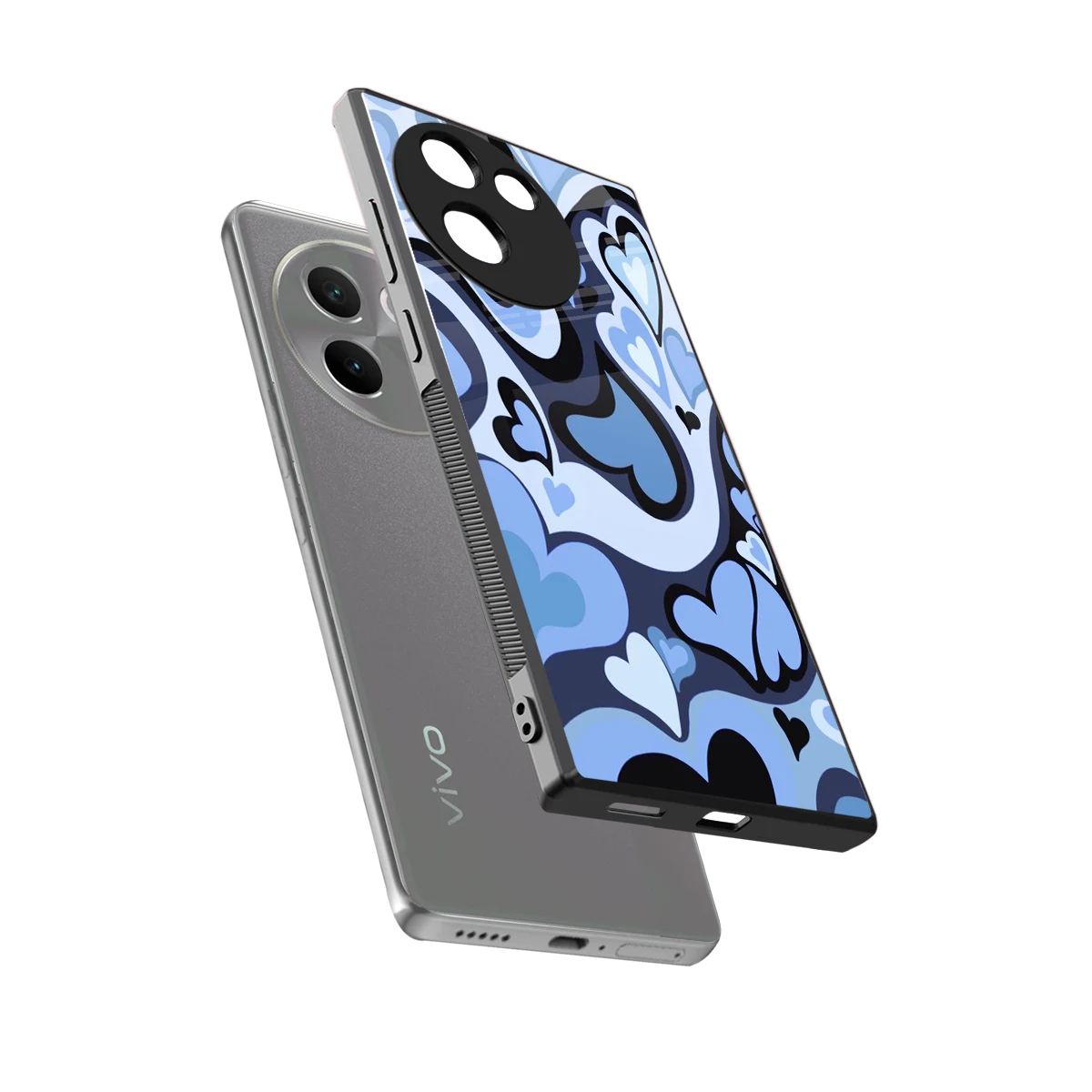 Y2K Blue Meltdown Hearts sleek vivo v30e cover with tempered glass back and TPU edges