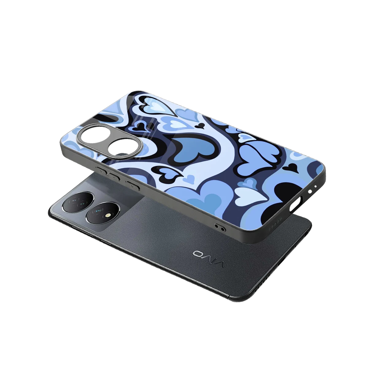 Y2K Blue Meltdown Hearts sleek Vivo-y100 cover with tempered glass back and TPU edges