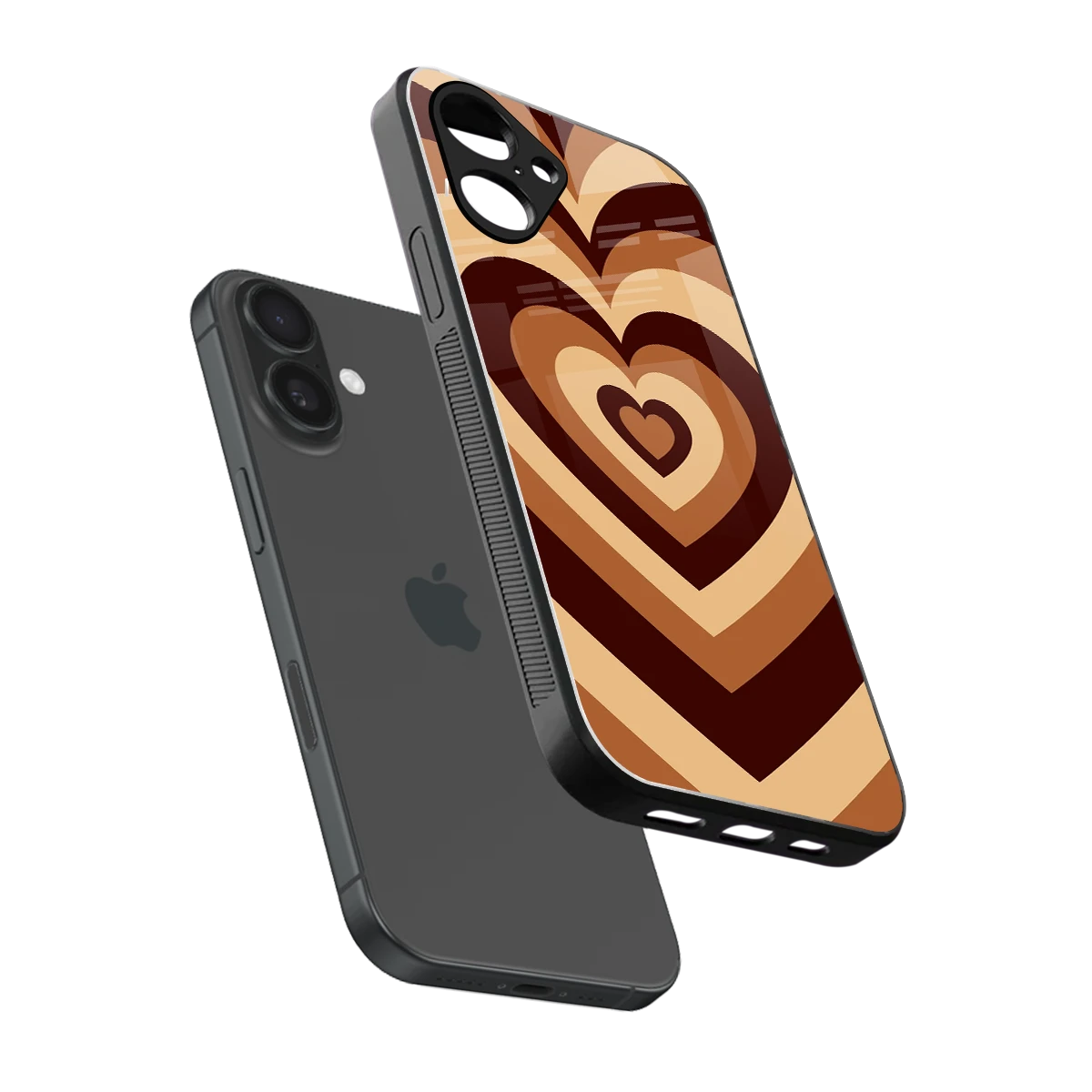 Y2K Brown Hearts sleek iPhone 16 cover with tempered glass back and TPU edges