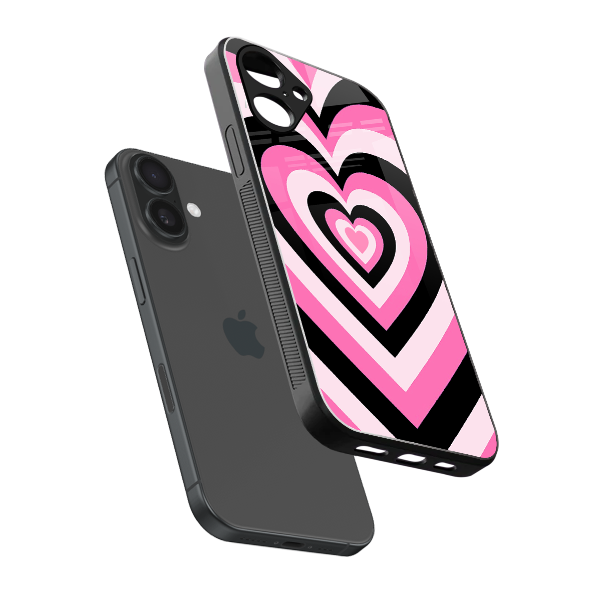 Y2K Bubblegum Hearts sleek iPhone 16 cover with tempered glass back and TPU edges