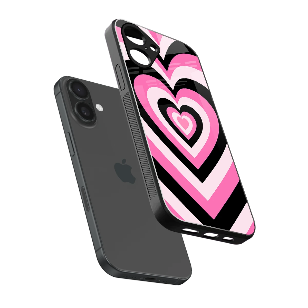 Y2K Bubblegum Hearts sleek iPhone 16 cover with tempered glass back and TPU edges