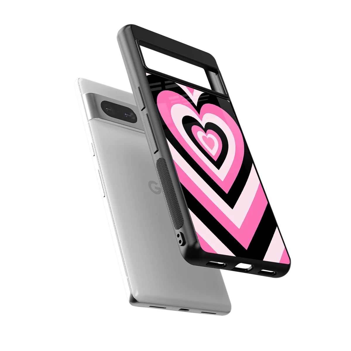 Y2K Bubblegum Hearts sleek google pixel 7a cover with tempered glass back and TPU edges