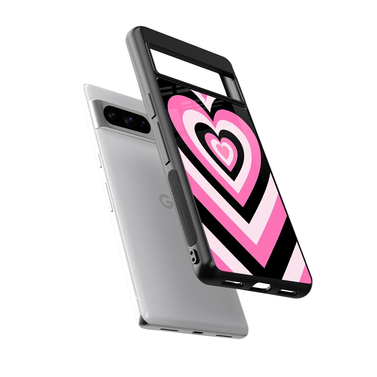 Y2K Bubblegum Hearts sleek google pixel 8 pro cover with tempered glass back and TPU edges