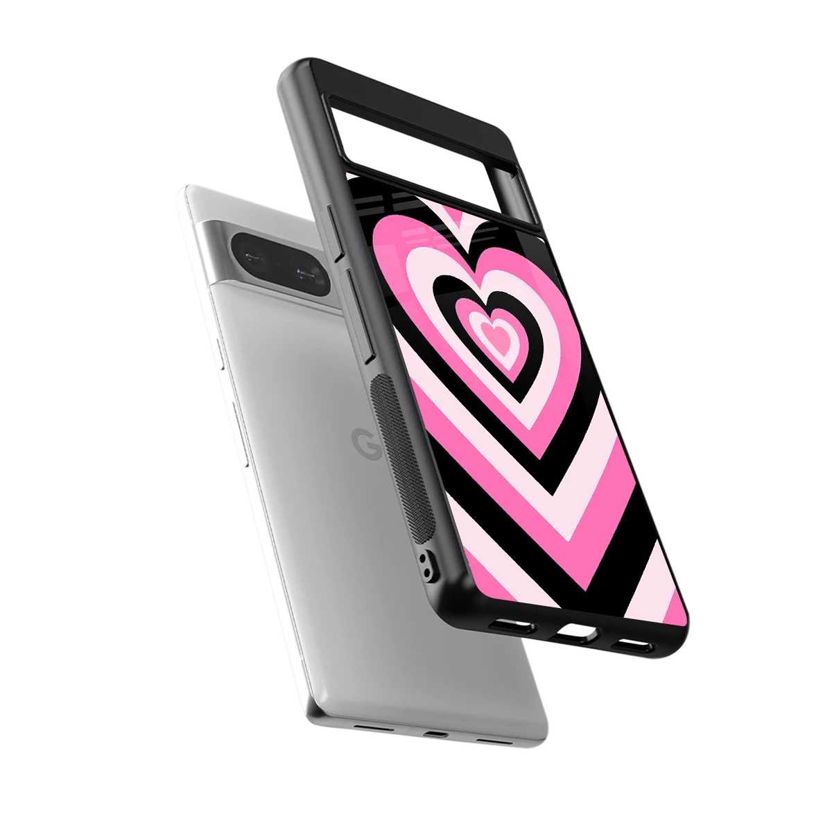 Y2K Bubblegum Hearts sleek google pixel 8 cover with tempered glass back and TPU edges