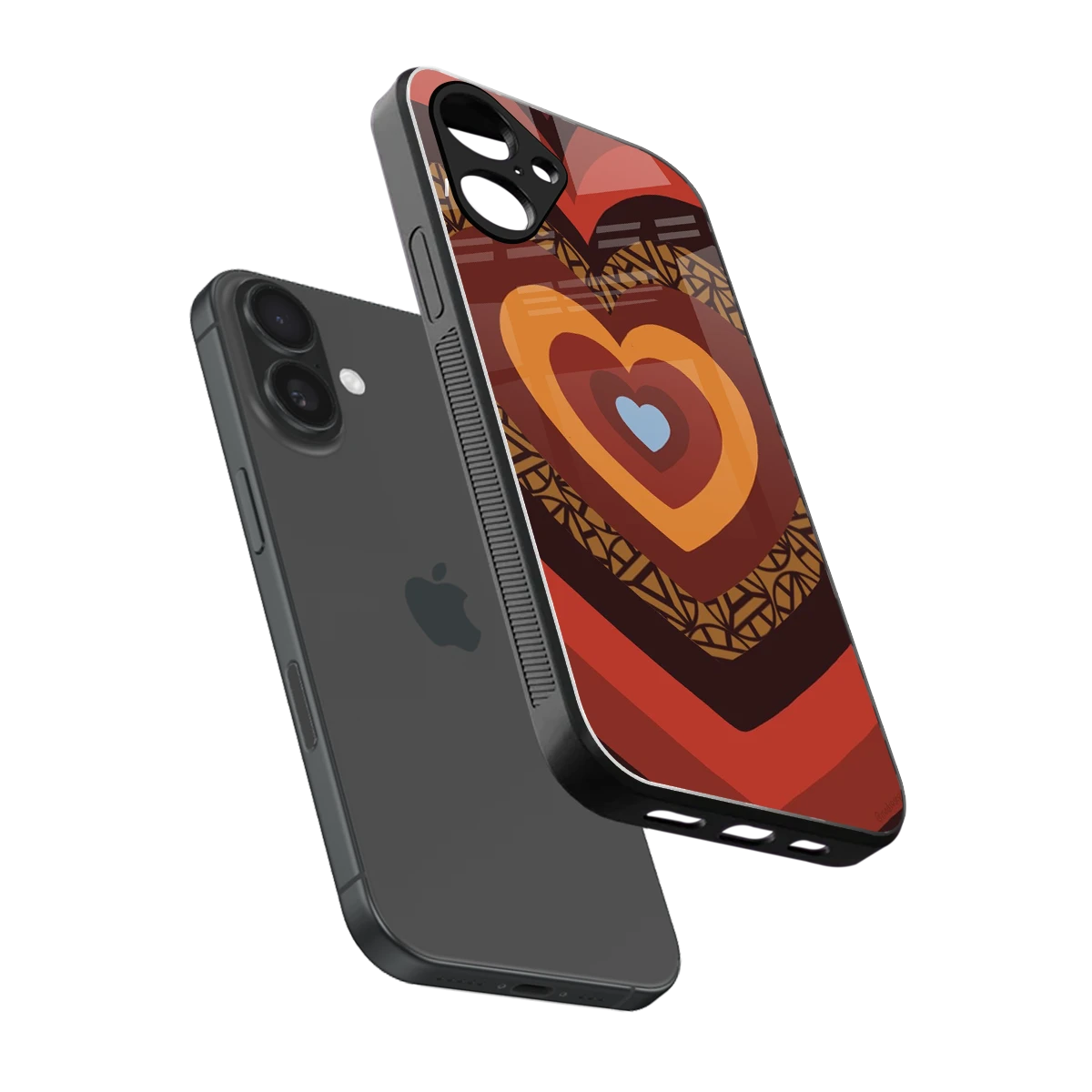 Y2K Caramel Crush Hearts sleek iPhone 16 cover with tempered glass back and TPU edges