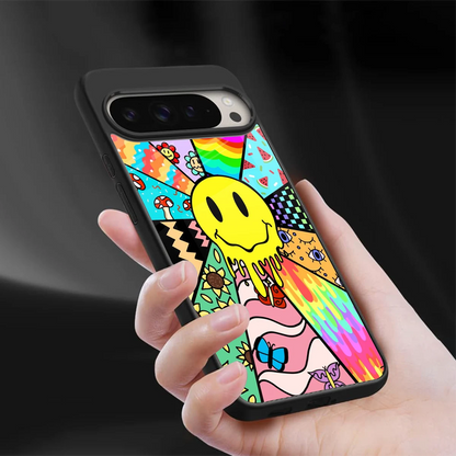 Y2K Doodle sleek google pixel 9 pro cover with tempered glass back and TPU edges