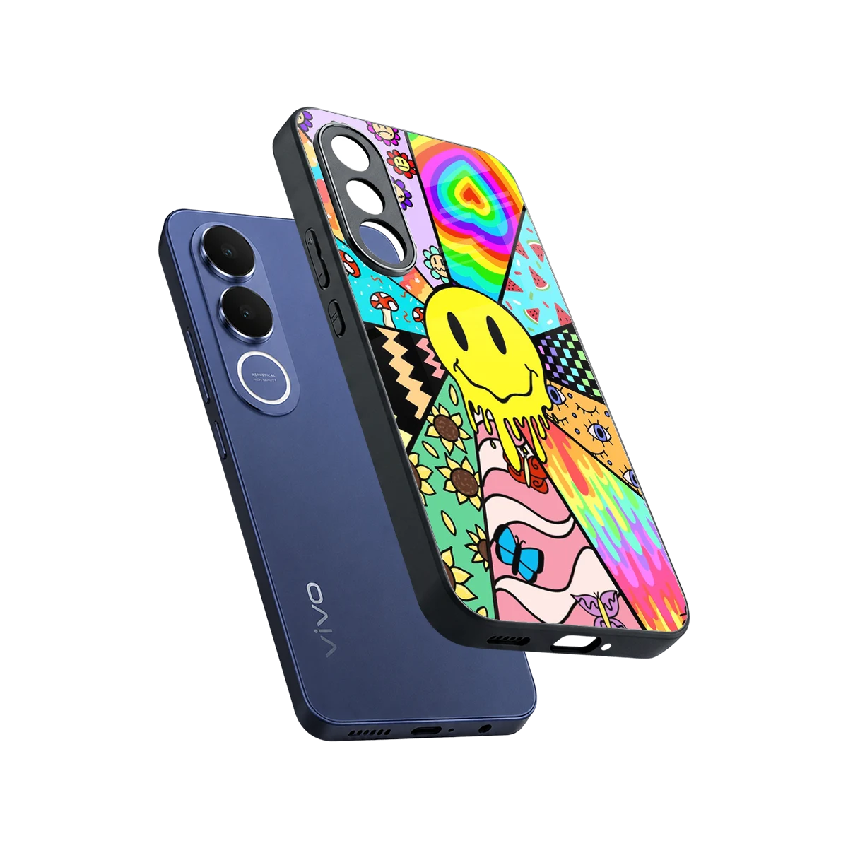 Y2K Doodle sleek vivo v70 fe cover with tempered glass back and TPU edges