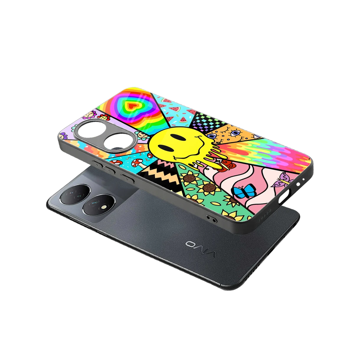 Y2K Doodle sleek Vivo-y100 cover with tempered glass back and TPU edges