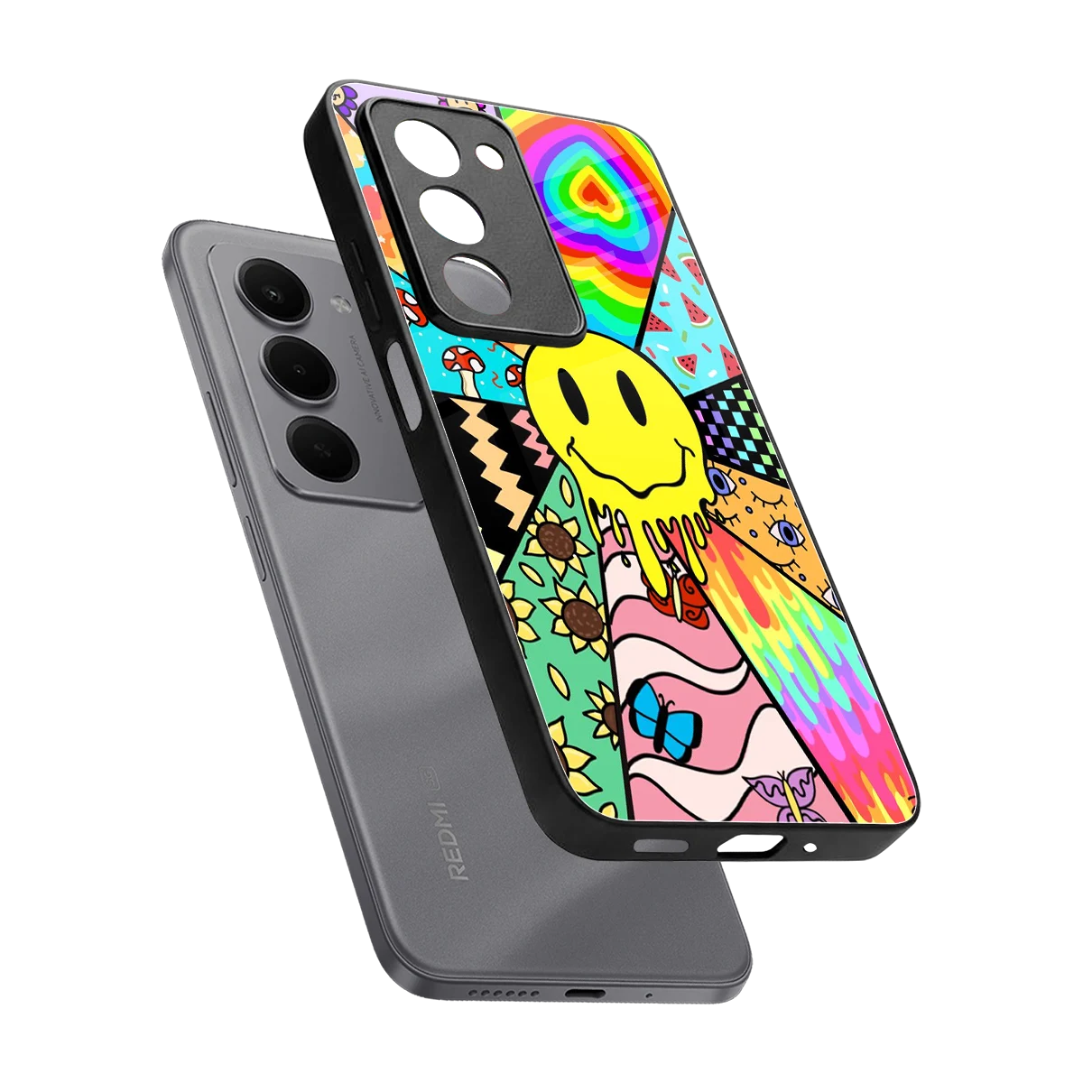 Y2K Doodle sleek redmi 15 5g cover with tempered glass back and TPU edges