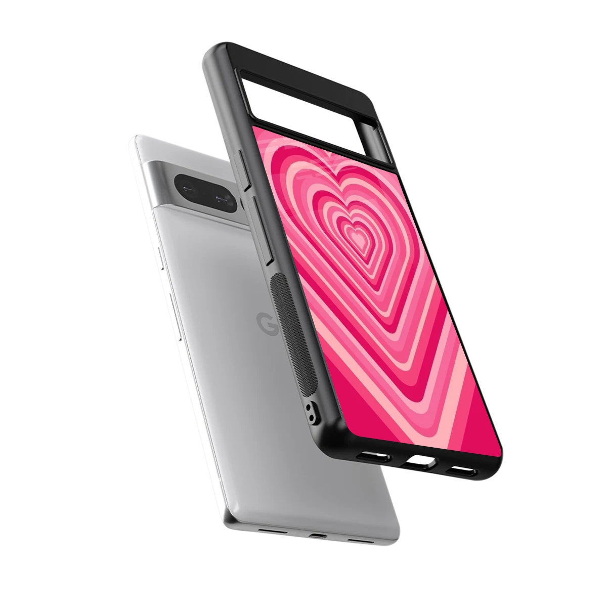 Y2K French Pink Hearts sleek google pixel 7 pro cover with tempered glass back and TPU edges