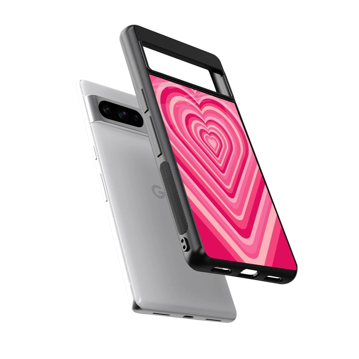 Y2K French Pink Hearts sleek google pixel 8 pro cover with tempered glass back and TPU edges