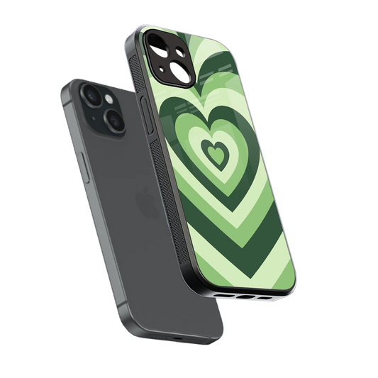 Y2K Green Hearts sleek iphone 13 cover with tempered glass back and TPU edges