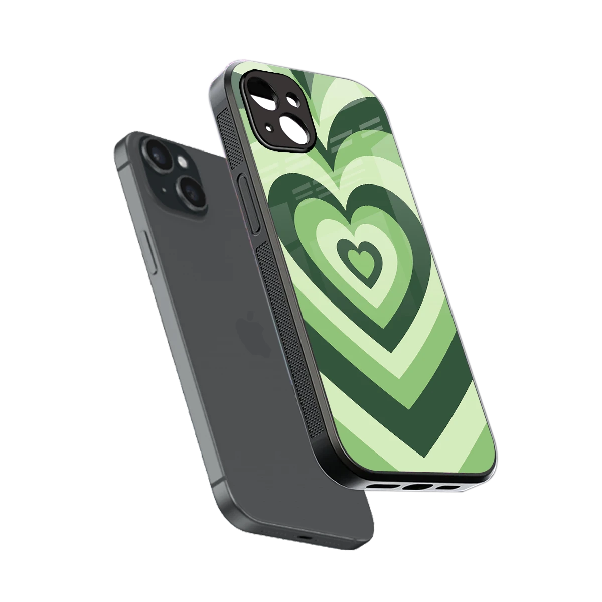Y2K Green Hearts sleek iphone 14 plus cover with tempered glass back and TPU edges