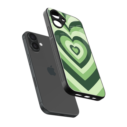 Y2K Green Hearts sleek iPhone 16 cover with tempered glass back and TPU edges