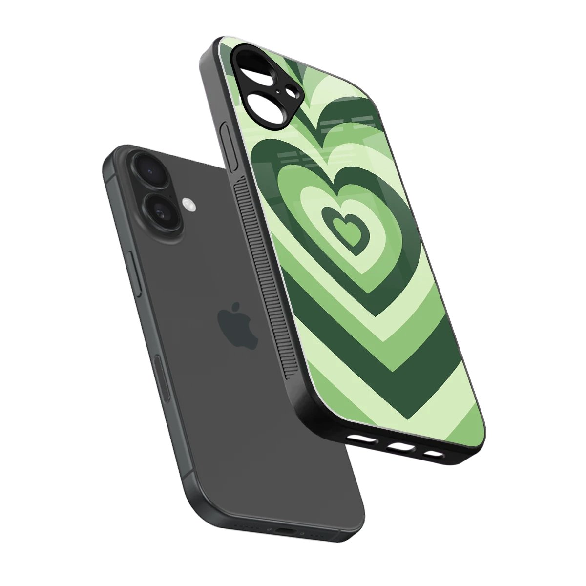 Y2K Green Hearts sleek iPhone 16 cover with tempered glass back and TPU edges