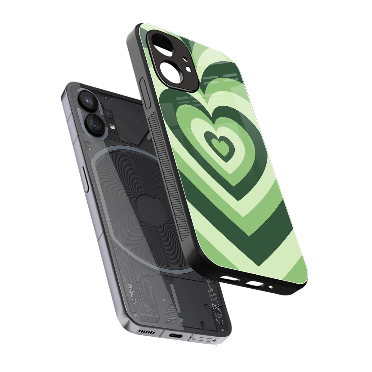 Y2K Green Hearts sleek nothing phone 1 cover with tempered glass back and TPU edges