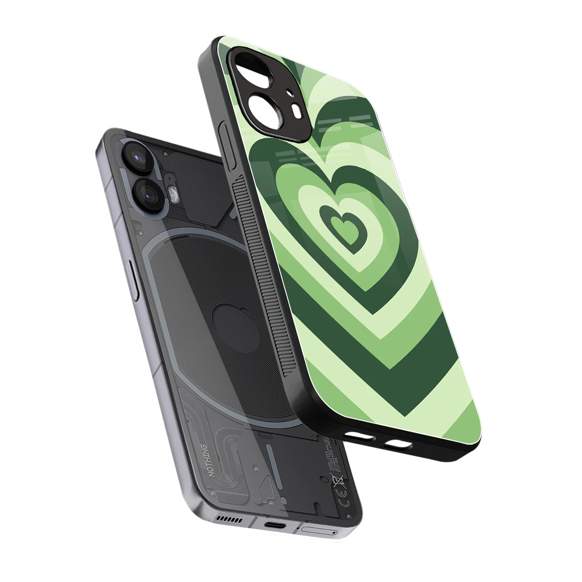 Y2K Green Hearts sleek nothing phone 2 cover with tempered glass back and TPU edges
